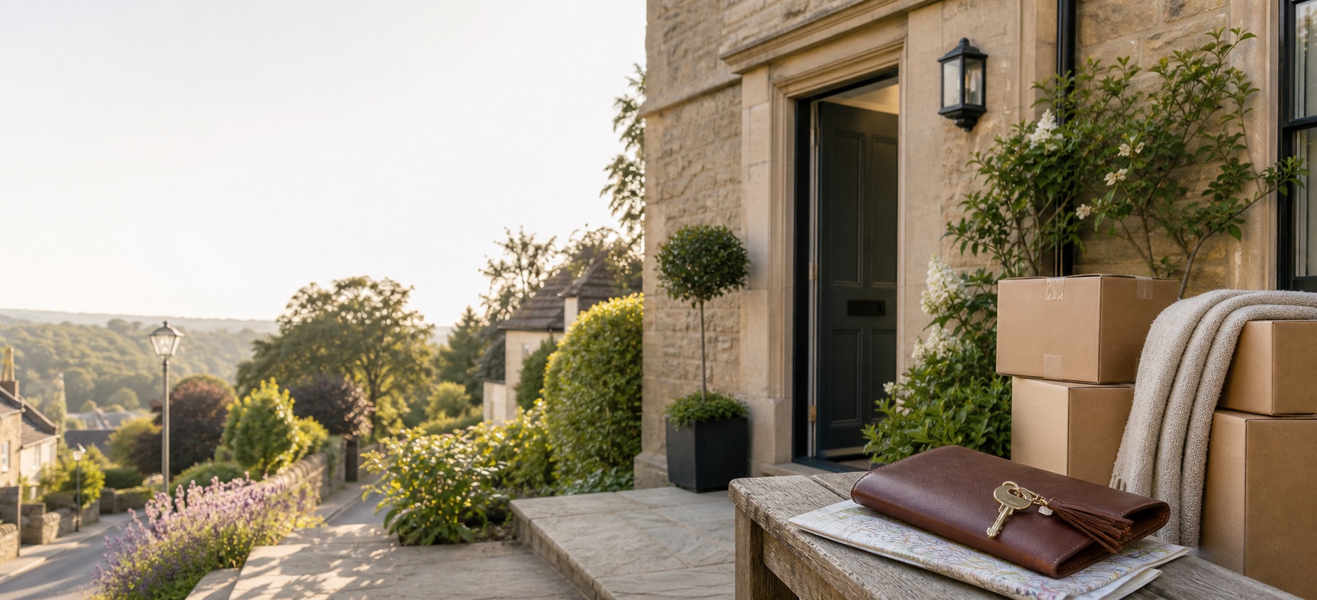 Yorkshire stone home with relocation boxes, keys and a map